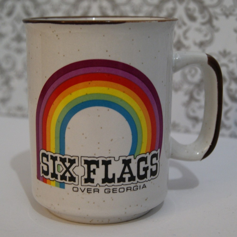 VTG Six Flags Over Georgia Mug 80s Retro Rainbow Stoneware Speckled Brown Rimmed